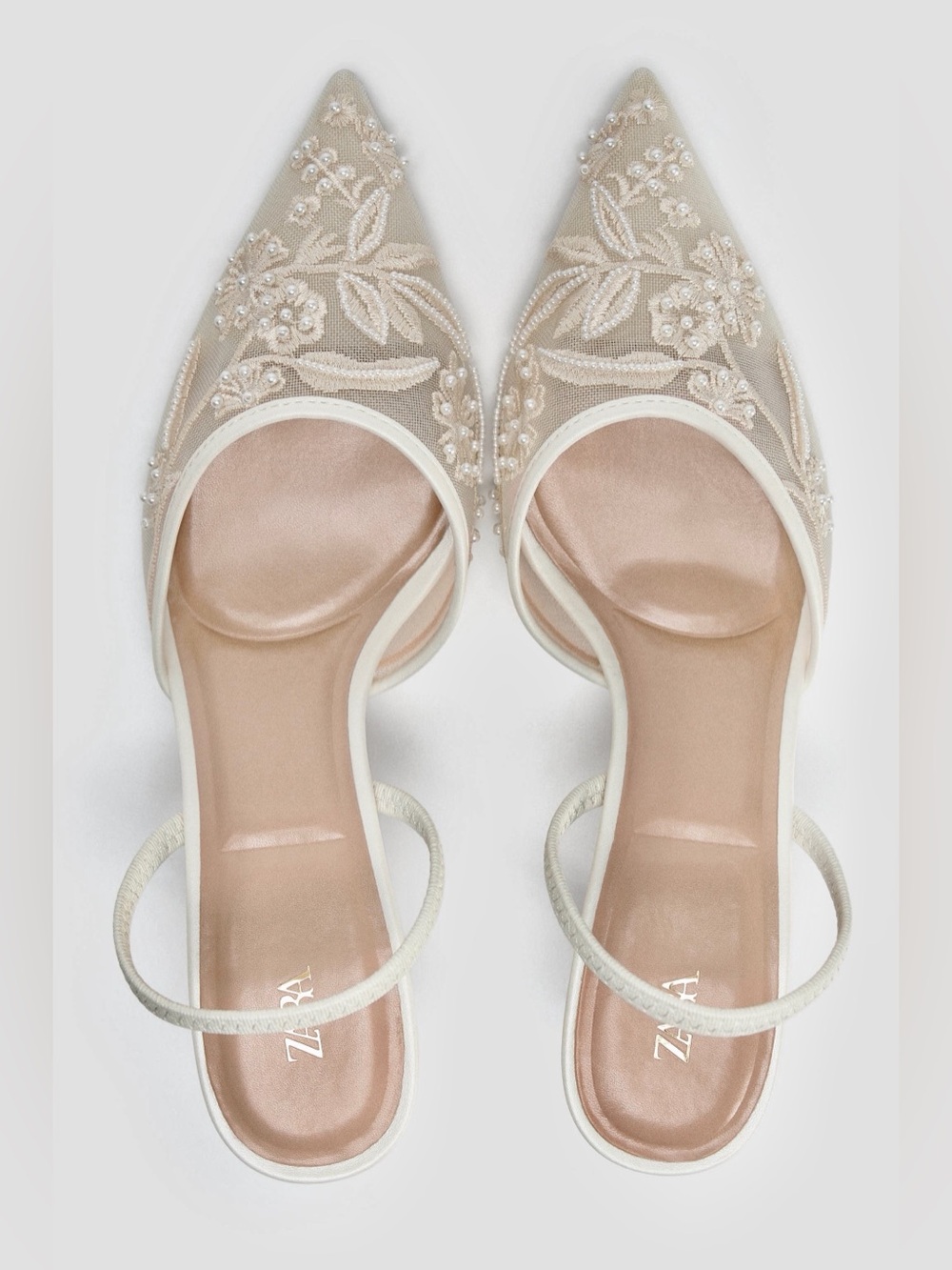 Zara Ivory Beaded Pointed-Toe Slingback Heels